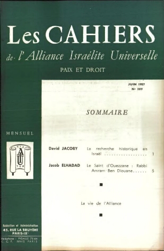 Les Cahiers de l'Alliance Israélite Universelle (Paix et Droit).  N°109 (01 juin 1957)